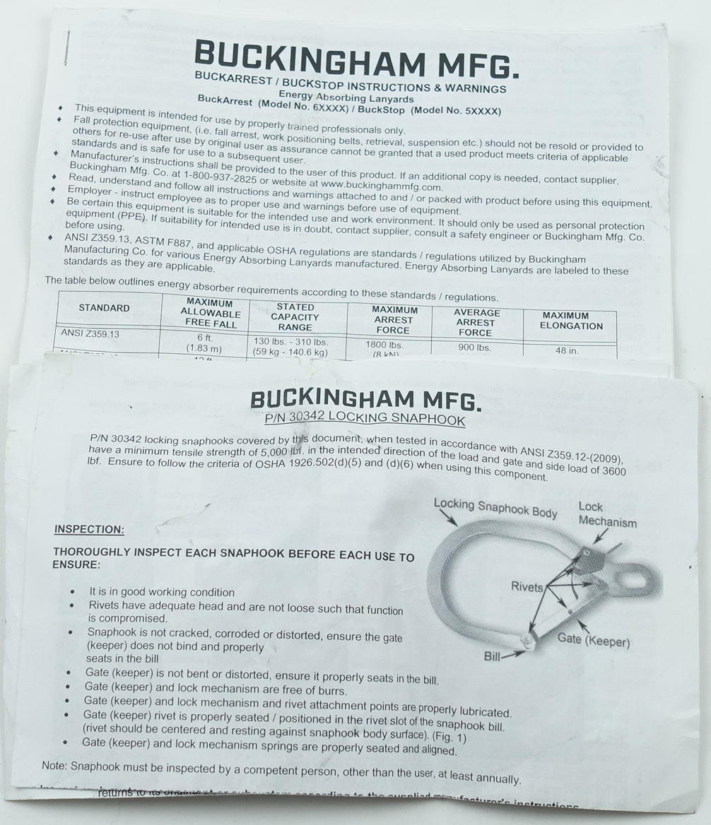 Buckingham 5V+H116S1 Energy Absorber Lanyard Single Leg Buck Stop Free Shipping - image 7