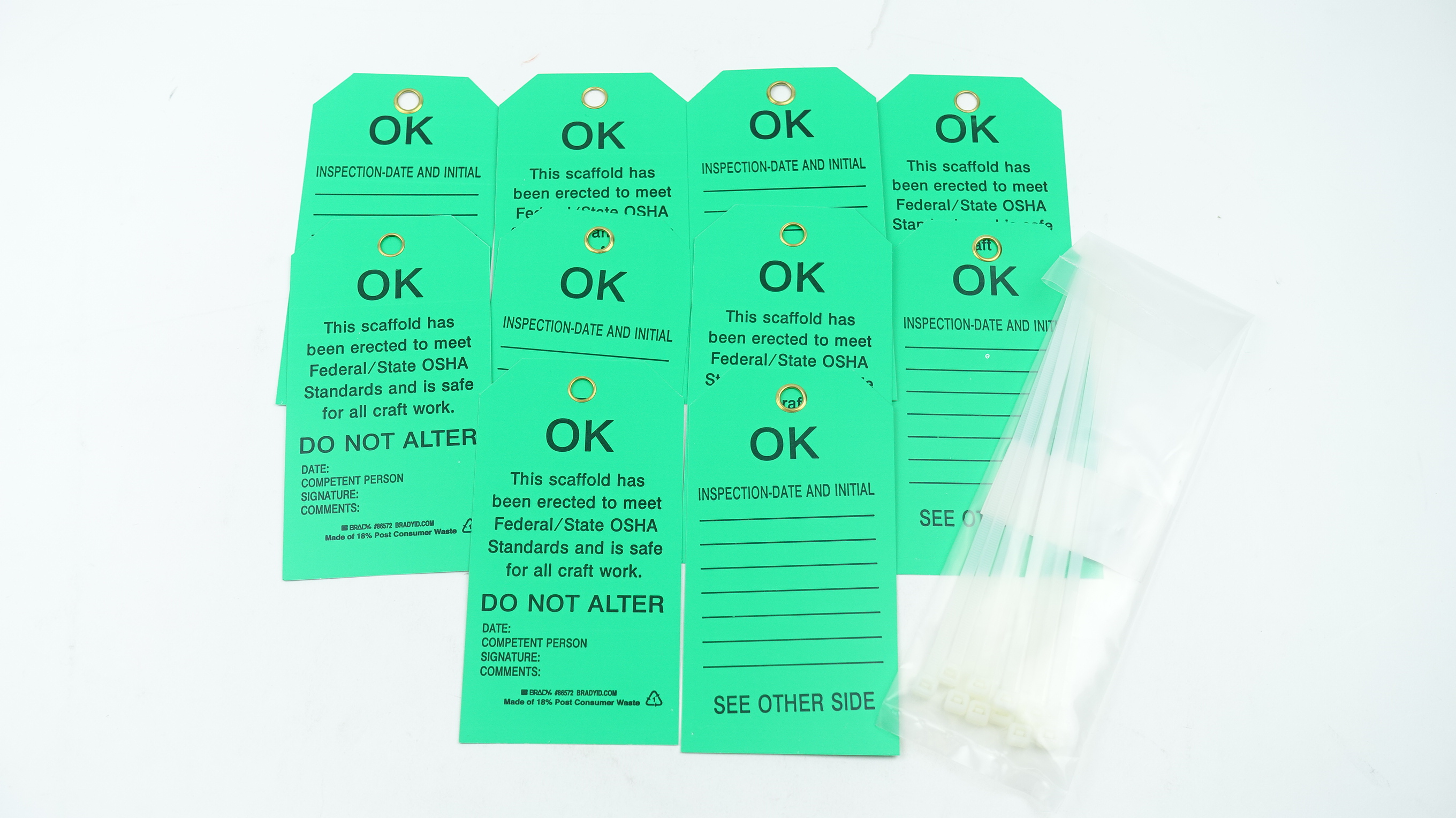 12 Packs of 10 Tags 86572 Brady Scaffolding Green with Zip Ties 120 Tags Total - image 1