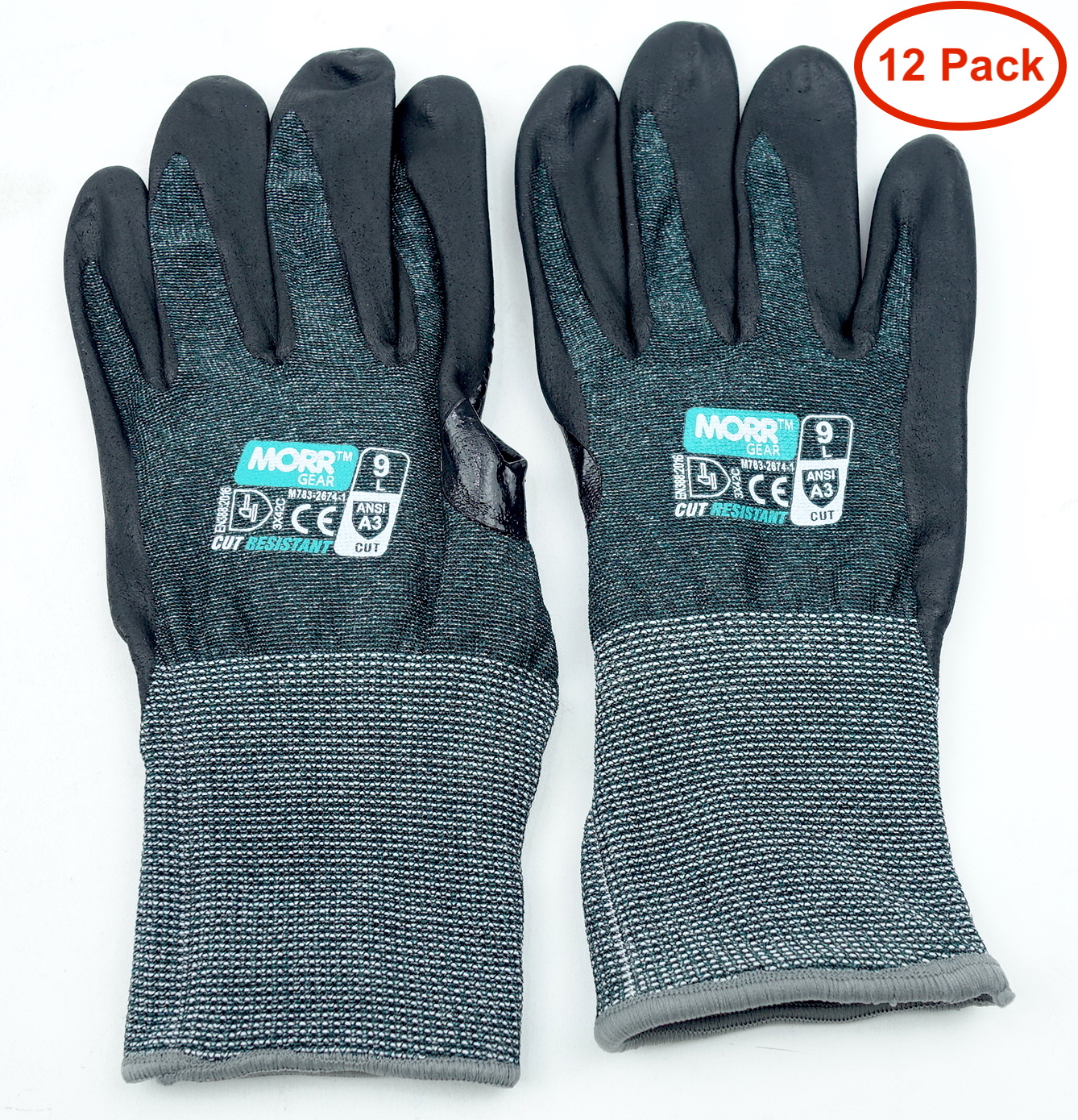 12 Pair MORR Gear M783-2674-1-9L Cut Resistant Gloves Size Large Dot Palm Grip - image 1